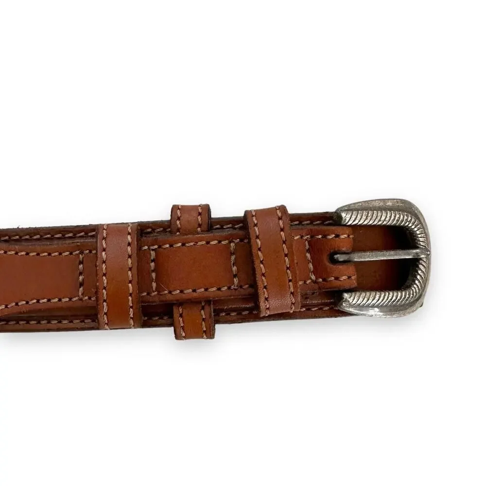 Unisex Western Belt Sz S/M 3D Brown Leather Silver Buckle Braided Details
